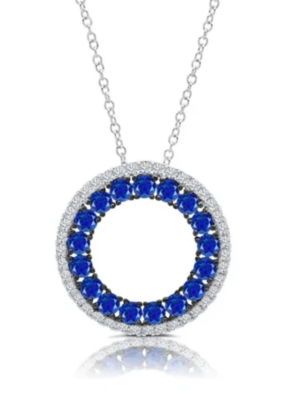 Graziela 18K White Gold Blue Round Sapphire & Diamond Circle Necklace 16"